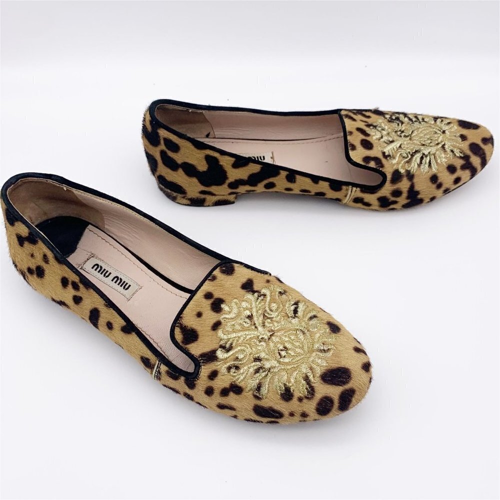 Miu Miu Leopard Print Crest Smoking Flat Calf Hai… - image 1